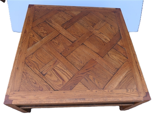 Mid Century Oak Parquet Top Cocktail / Coffee Table - Table Measures 17 3/4 Tall 40 1/2 by 40 1/2