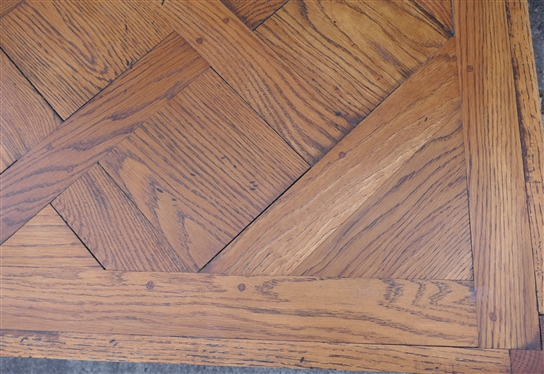 Mid Century Oak Parquet Top Cocktail / Coffee Table - Table Measures 17 3/4 Tall 40 1/2 by 40 1/2