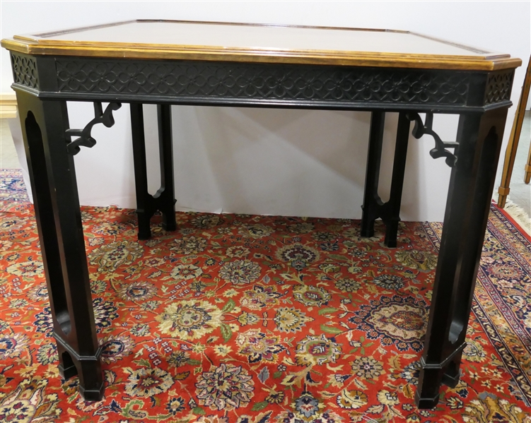 Nice Asian Inspired Game / Card Table - Square Table with Oak Top - Black Base with Detailed Apron and Legs - Table Measures 28 1/2" Tall 36" By 36"