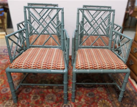 4 Nice Bamboo Style Arm Chairs with Nice Clean Upholstered Seats - Attractive Light Blue Paint - Chairs Measure 36 Tall 17 to Seat - Some Minor Paint Flakes on 1 Chair