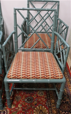 4 Nice Bamboo Style Arm Chairs with Nice Clean Upholstered Seats - Attractive Light Blue Paint - Chairs Measure 36 Tall 17 to Seat - Some Minor Paint Flakes on 1 Chair
