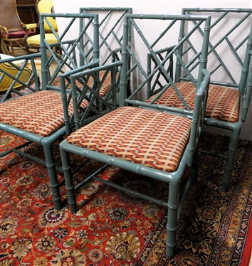 4 Nice Bamboo Style Arm Chairs with Nice Clean Upholstered Seats - Attractive Light Blue Paint - Chairs Measure 36 Tall 17 to Seat - Some Minor Paint Flakes on 1 Chair