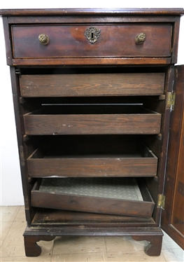 Mahogany Music Stand - Top Dovetailed Drawer with Fancy Lock plate and Pulls Above Cabinet Door - Inside 4 Pullout Tray Drawers - Cabinet Measures 36 Tall 22 1/8 by 15 - NO KEY