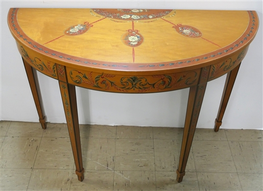 Beautiful Chelsea House Demi Lune Table - Brass Tag on Back - Floral Decorated  - Table Measures 32 Tall - 44 by 19