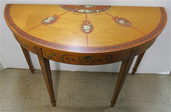 Beautiful Chelsea House Demi Lune Table - Brass Tag on Back - Floral Decorated  - Table Measures 32 Tall - 44 by 19