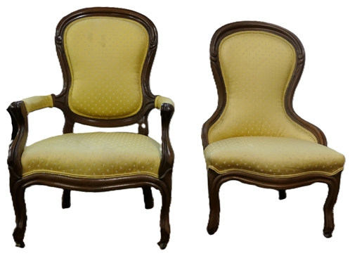 Pair of Walnut Victorian Parlor Chairs with Happy Yellow Upholstery with White Polka Dots - Chairs Measure 40 Tall 25 Across - Some Minor Spots From Storage