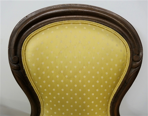 Pair of Walnut Victorian Parlor Chairs with Happy Yellow Upholstery with White Polka Dots - Chairs Measure 40 Tall 25 Across - Some Minor Spots From Storage