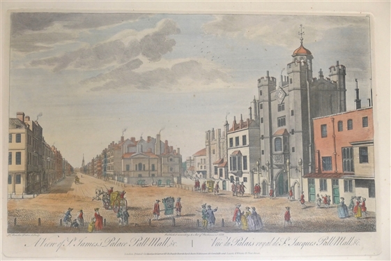 A View of St. James Palace - Pall Mall Hand Colored Print - Originally Printed 1771 - Very Fine Hand Painted Frame - Frame Measures 16 1/2 by 22 