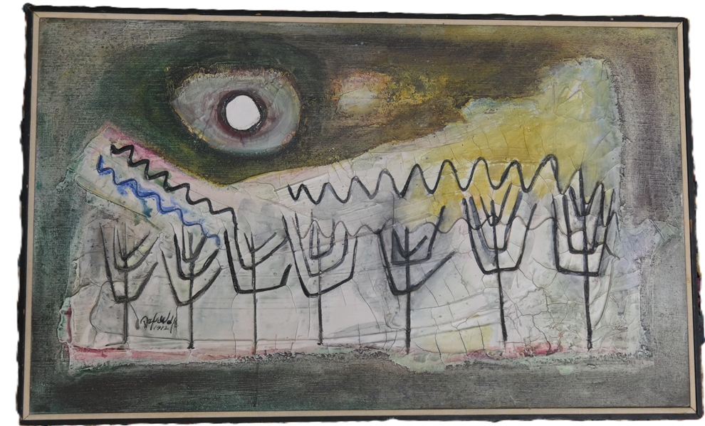 Artist Signed and Dated 1972 Modernist Painting on Canvas - Signed Mid Left - Framed - Frame Measures 19" by 31"