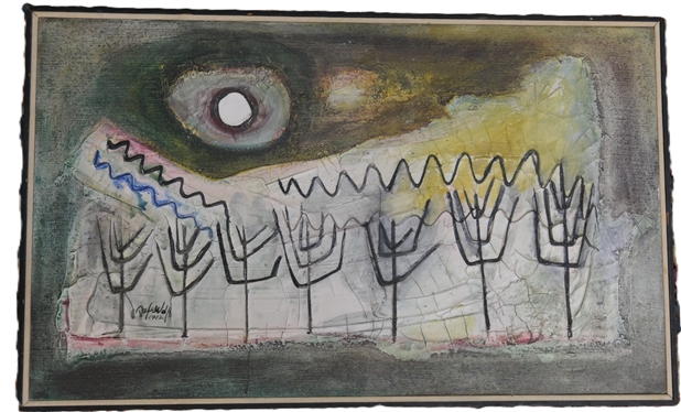 Artist Signed and Dated 1972 Modernist Painting on Canvas - Signed Mid Left - Framed - Frame Measures 19 by 31