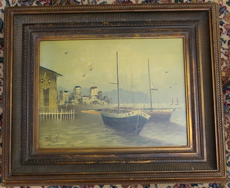 Artist Signed K Lang Ship Painting on Canvas - Nicely Framed - Frame Measures 19 1/4 By 23