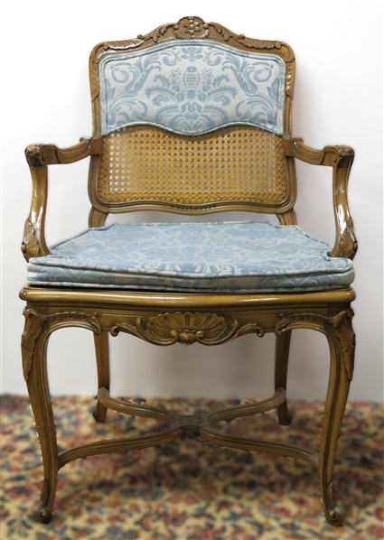 Nice French Cane Back and Botton Side Chair - Attractive Blue Brocade Cushion and  Seat Back - Chair Measures 38 1/2" Tall 23" Wide