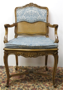 Nice French Cane Back and Botton Side Chair - Attractive Blue Brocade Cushion and  Seat Back - Chair Measures 38 1/2 Tall 23 Wide