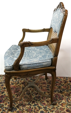Nice French Cane Back and Botton Side Chair - Attractive Blue Brocade Cushion and  Seat Back - Chair Measures 38 1/2 Tall 23 Wide