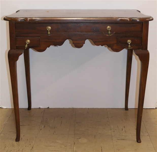 Dainty Oak Ladies Writing Table / Desk - Scalloped Apron - Delicate Legs - Center Drawer Over 2 Smaller Drawers - Brass Tear Drop Pulls - Table Measures 29" Tall 32" By 18" 