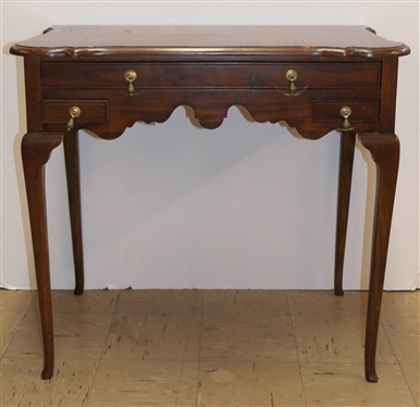 Dainty Oak Ladies Writing Table / Desk - Scalloped Apron - Delicate Legs - Center Drawer Over 2 Smaller Drawers - Brass Tear Drop Pulls - Table Measures 29 Tall 32 By 18 