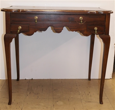 Dainty Oak Ladies Writing Table / Desk - Scalloped Apron - Delicate Legs - Center Drawer Over 2 Smaller Drawers - Brass Tear Drop Pulls - Table Measures 29 Tall 32 By 18 