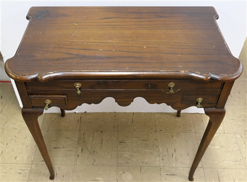 Dainty Oak Ladies Writing Table / Desk - Scalloped Apron - Delicate Legs - Center Drawer Over 2 Smaller Drawers - Brass Tear Drop Pulls - Table Measures 29 Tall 32 By 18 