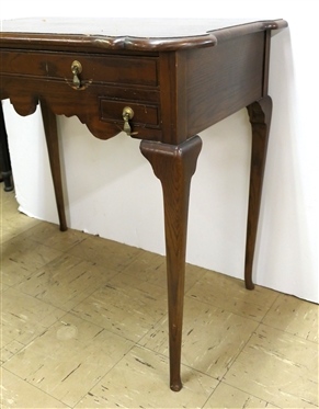 Dainty Oak Ladies Writing Table / Desk - Scalloped Apron - Delicate Legs - Center Drawer Over 2 Smaller Drawers - Brass Tear Drop Pulls - Table Measures 29 Tall 32 By 18 