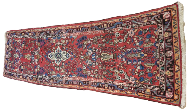 Pretty Oriental Runner Rug - Red Background with Blue and White Florals - Pattern N0. 41 - Original Fabric Tag on Back - Rug Measures 260cm by 80cm - 102 by 31 1/2