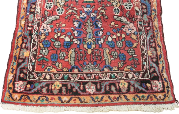 Pretty Oriental Runner Rug - Red Background with Blue and White Florals - Pattern N0. 41 - Original Fabric Tag on Back - Rug Measures 260cm by 80cm - 102 by 31 1/2