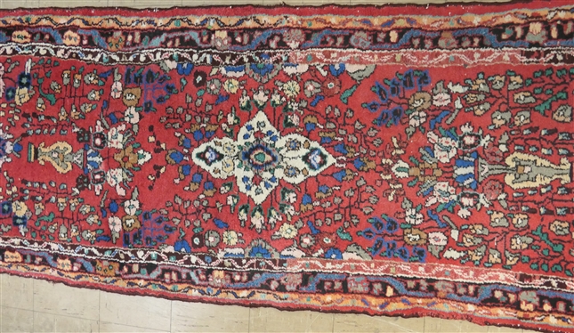 Pretty Oriental Runner Rug - Red Background with Blue and White Florals - Pattern N0. 41 - Original Fabric Tag on Back - Rug Measures 260cm by 80cm - 102 by 31 1/2