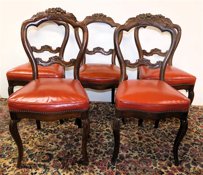5 Victorian Style Floral Carved Side Chairs with Rust Colored Leather Seats - Nail Head Trim - Each Chair Measures 18" To Seats 