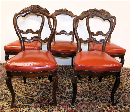 5 Victorian Style Floral Carved Side Chairs with Rust Colored Leather Seats - Nail Head Trim - Each Chair Measures 18 To Seats 