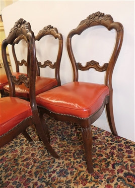 5 Victorian Style Floral Carved Side Chairs with Rust Colored Leather Seats - Nail Head Trim - Each Chair Measures 18 To Seats 