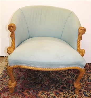 Light Seafoam Green Club Chair with Wood Braided Rope Frame - Chair Measures 28 Tall 27 by 21 - One Leg Has Been Repaired