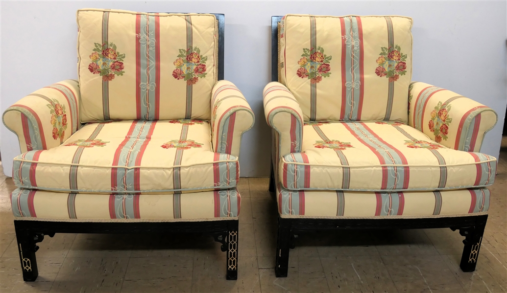 Pair of Nice Chinoiserie Framed Club Chairs - Pretty Floral Upholstery - Black Chineses Carved Frame - Rolled Arms - Chairs Measure 31" Tall 30" Across 30" Deep