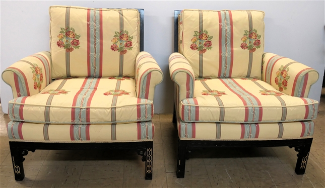 Pair of Nice Chinoiserie Framed Club Chairs - Pretty Floral Upholstery - Black Chinese''s Carved Frame - Rolled Arms - Chairs Measure 31 Tall 30 Across 30 Deep