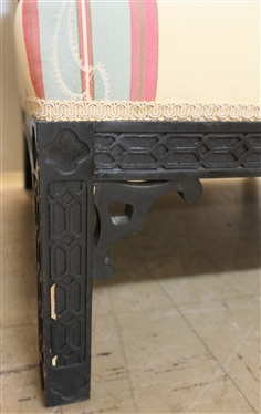 Pair of Nice Chinoiserie Framed Club Chairs - Pretty Floral Upholstery - Black Chinese''s Carved Frame - Rolled Arms - Chairs Measure 31 Tall 30 Across 30 Deep