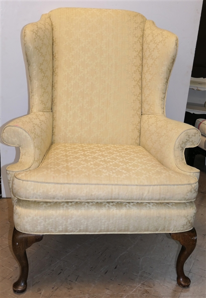Pretty Yellow Queen Anne Style Wingback Chair Custom Built  by Statton Furniture - Pretty Light Yellow Upholstery -  44" Tall 35" Across - Small Stained Area on 1 Arm, Some Fraying to Cording On...