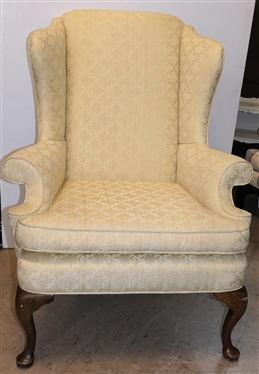 Pretty Yellow Queen Anne Style Wingback Chair Custom Built  by Statton Furniture - Pretty Light Yellow Upholstery -  44 Tall 35 Across - Small Stained Area on 1 Arm, Some Fraying to Cording On...