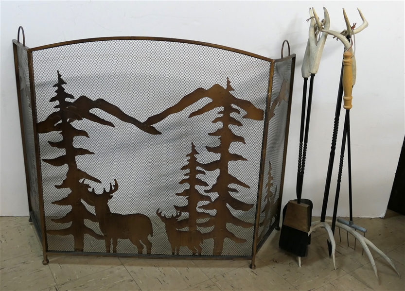 Very Cool Forest Scene Fire Place Screen with Stags, Mountains, and Trees and Antler Handled Fire Tools with Stand - Fire Screen Measures 32" Tall 30" Across