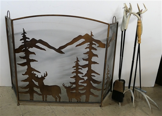 Very Cool Forest Scene Fire Place Screen with Stags, Mountains, and Trees and Antler Handled Fire Tools with Stand - Fire Screen Measures 32 Tall 30 Across