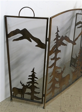 Very Cool Forest Scene Fire Place Screen with Stags, Mountains, and Trees and Antler Handled Fire Tools with Stand - Fire Screen Measures 32 Tall 30 Across