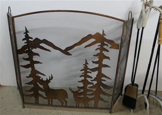 Very Cool Forest Scene Fire Place Screen with Stags, Mountains, and Trees and Antler Handled Fire Tools with Stand - Fire Screen Measures 32 Tall 30 Across