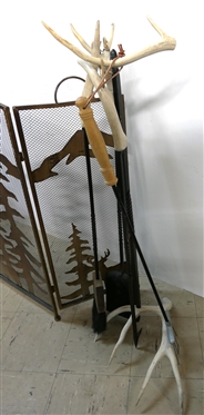 Very Cool Forest Scene Fire Place Screen with Stags, Mountains, and Trees and Antler Handled Fire Tools with Stand - Fire Screen Measures 32 Tall 30 Across