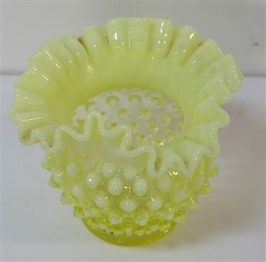 Vaseline Hobnail Ruffled Edge Vase - Measures 4 1/4 Tall 5 Across