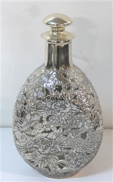 Outstanding Japanese Sterling Silver (950) Overlay Pinch Bottle Decanter - Very Heavy Sterling Silver Overlay of Beautiful Highly Detailed Flowers - Bottle Measures 9 Tall 