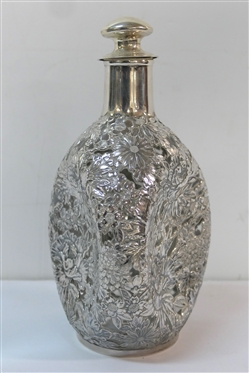 Outstanding Japanese Sterling Silver (950) Overlay Pinch Bottle Decanter - Very Heavy Sterling Silver Overlay of Beautiful Highly Detailed Flowers - Bottle Measures 9 Tall 
