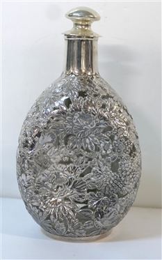 Outstanding Japanese Sterling Silver (950) Overlay Pinch Bottle Decanter - Very Heavy Sterling Silver Overlay of Beautiful Highly Detailed Flowers - Bottle Measures 9 Tall 