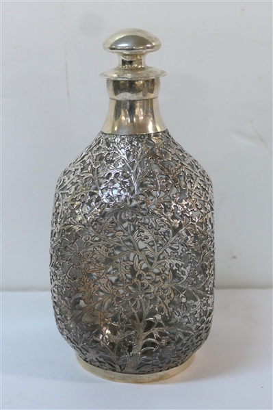 Outstanding Heavy Sterling Silver Overlay Pinch  Bottle - Flowers and Oak Leaves Adorn the Bottle - Marked Sterling on Bottom of Silver Frame - Bottle Marked KB Ltd. - Regd No. 708596 - Decanter...