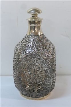 Outstanding Heavy Sterling Silver Overlay Pinch  Bottle - Flowers and Oak Leaves Adorn the Bottle - Marked Sterling on Bottom of Silver Frame - Bottle Marked KB Ltd. - Regd No. 708596 - Decanter...