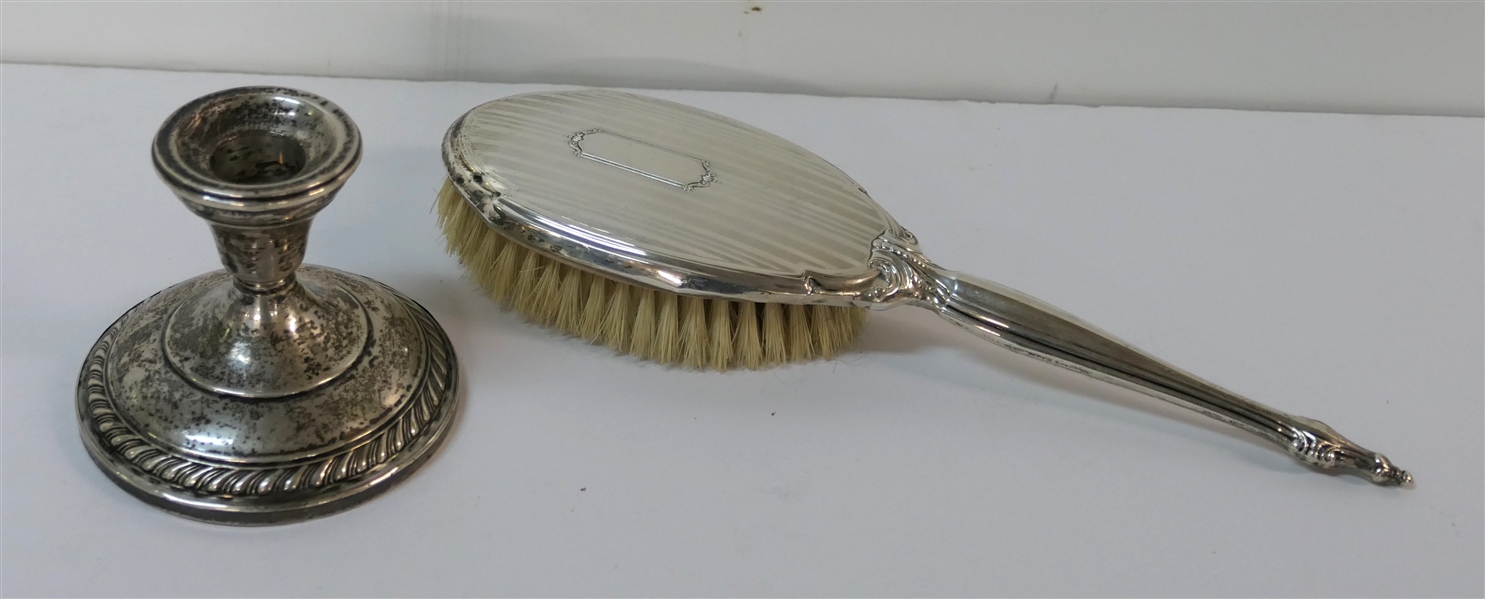 Webster Sterling Silver Framed Brush and Single Sterling Silver Weighted 3" Candle Stick 