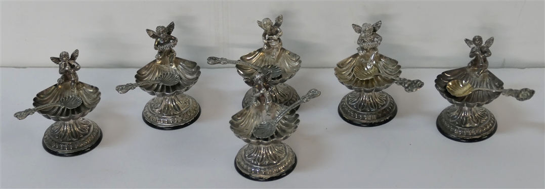 6 Outstanding 915 Spanish Silver Salt Cellars - Shell Shaped Bowls with Cherub Musicians - Hallmarked on Bowl - Each with Delicate Silver Salt Spoon - Each Measures 2 Tall 1 1/2 Across - 198.6...