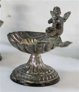 6 Outstanding 915 Spanish Silver Salt Cellars - Shell Shaped Bowls with Cherub Musicians - Hallmarked on Bowl - Each with Delicate Silver Salt Spoon - Each Measures 2 Tall 1 1/2 Across - 198.6...
