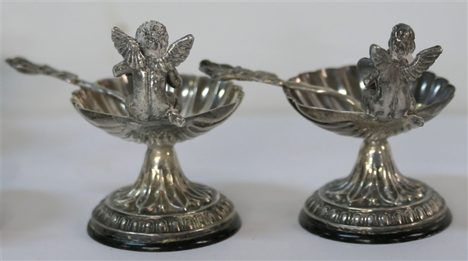 6 Outstanding 915 Spanish Silver Salt Cellars - Shell Shaped Bowls with Cherub Musicians - Hallmarked on Bowl - Each with Delicate Silver Salt Spoon - Each Measures 2 Tall 1 1/2 Across - 198.6...